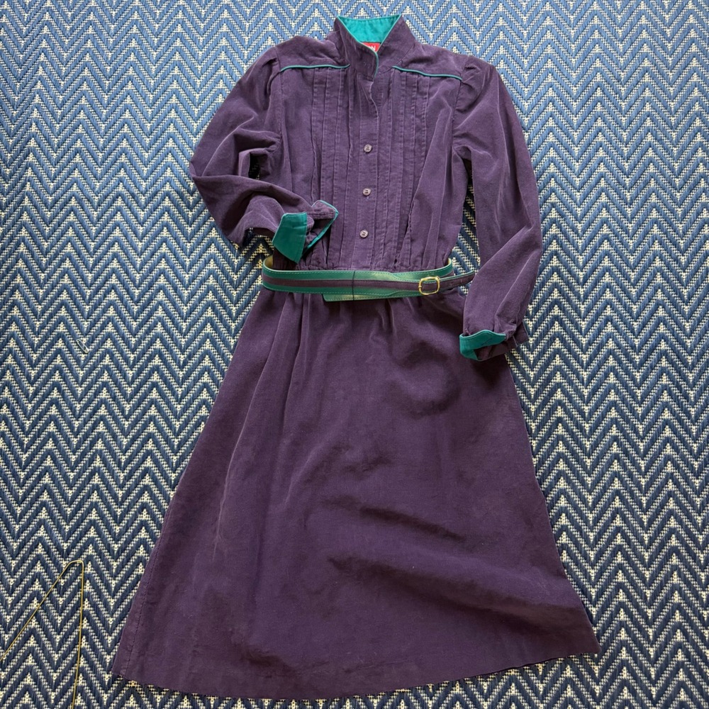 Sasson Corduroy Midi Dress Womens 6/7 Purple Teal Vintage 80s High Neck Belted